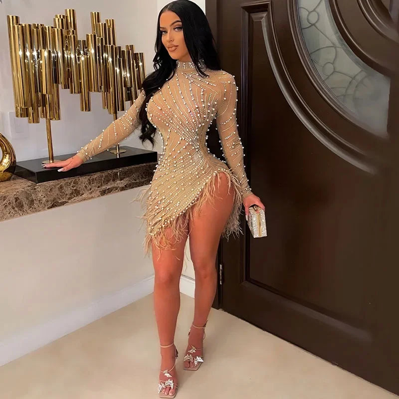 Whippany Pearls Rhinestone Party Elegance Nightclub Feather Mini Dress