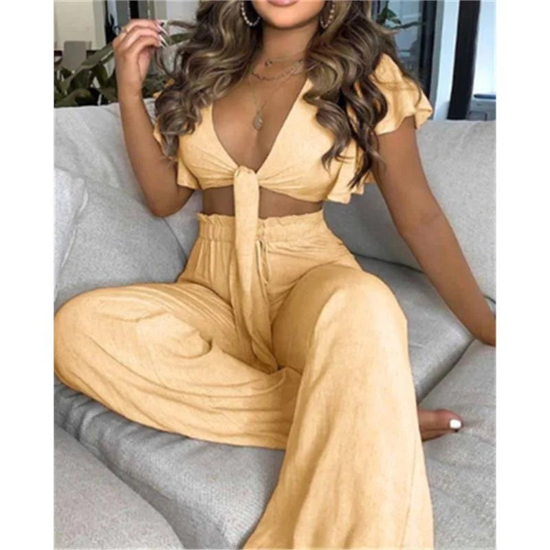 Hilda Belted Low Long Thouser Casual Two Piece Sets