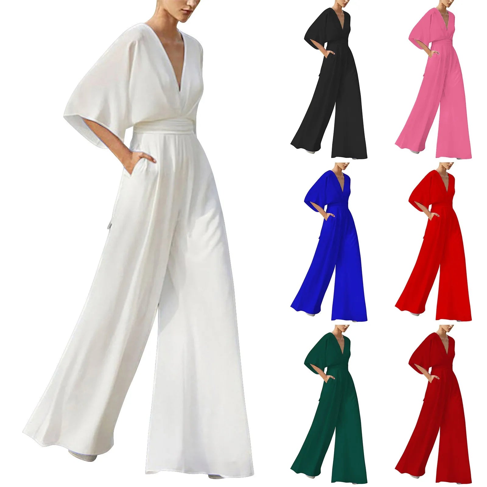 Deep V-Neck Half Solid Casual One-Piece