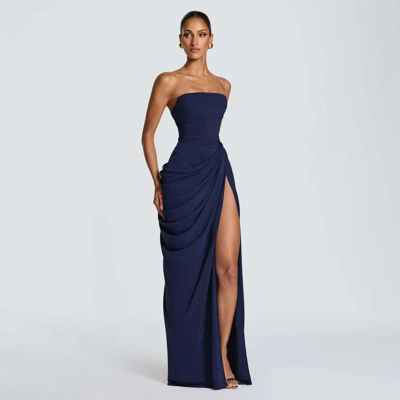 Tapansee Solid Sexy Pleated Strapless Off Shoulder Backless High Waist Split Maxi Dress