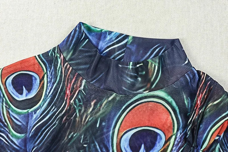 Canada Feathers Print Turtleneck Long Sleeve Hips Wrapped Long Dress