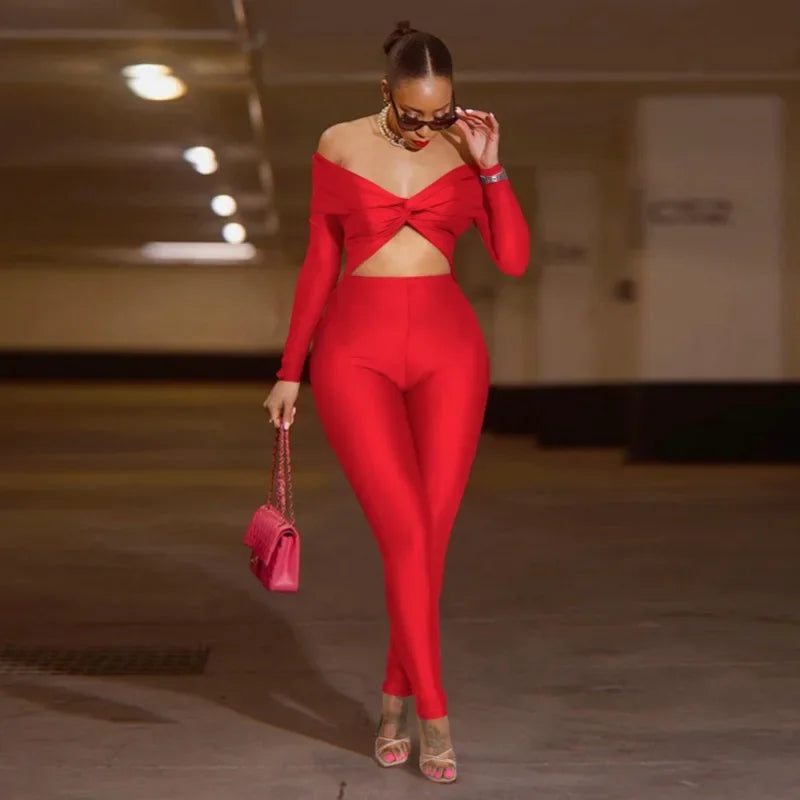 Oneida Hollow Out Sexy Party Clubwear Long Sleeve Slash Neck Crop Jumpsuits