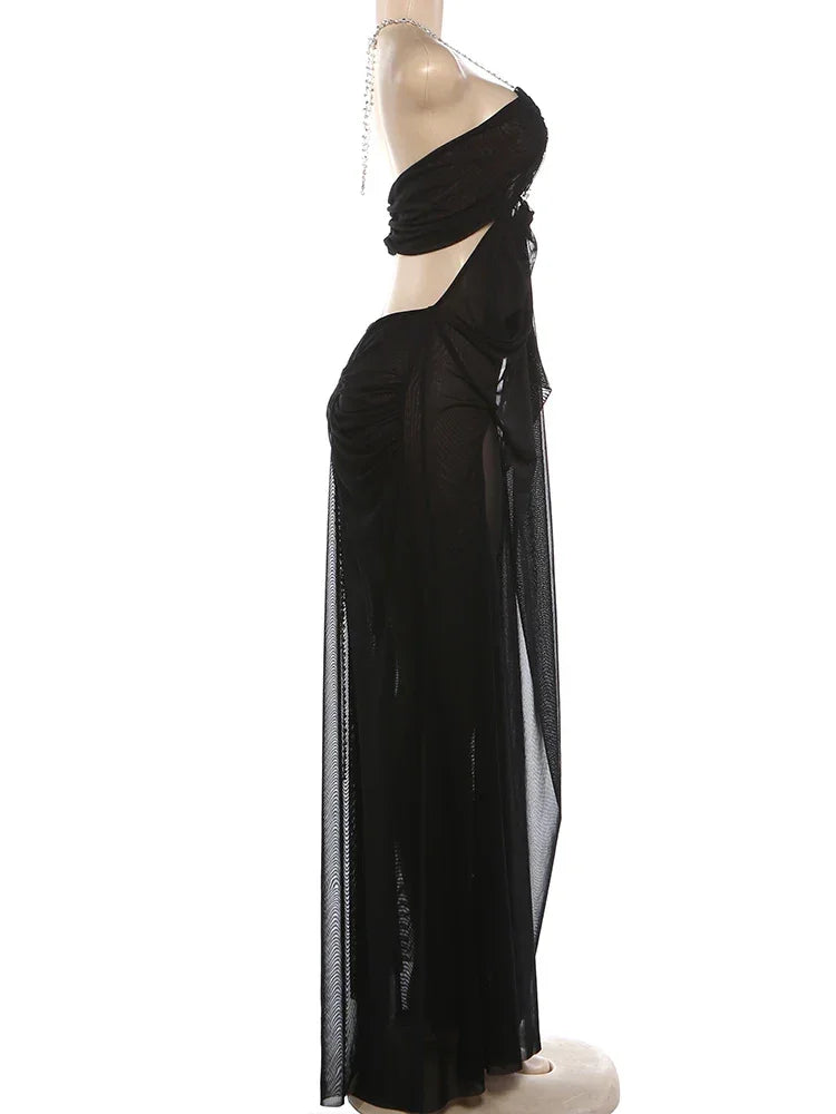 Pine Plains Sexy See Through Luxury Chain Halter Low Neck Backless Dress