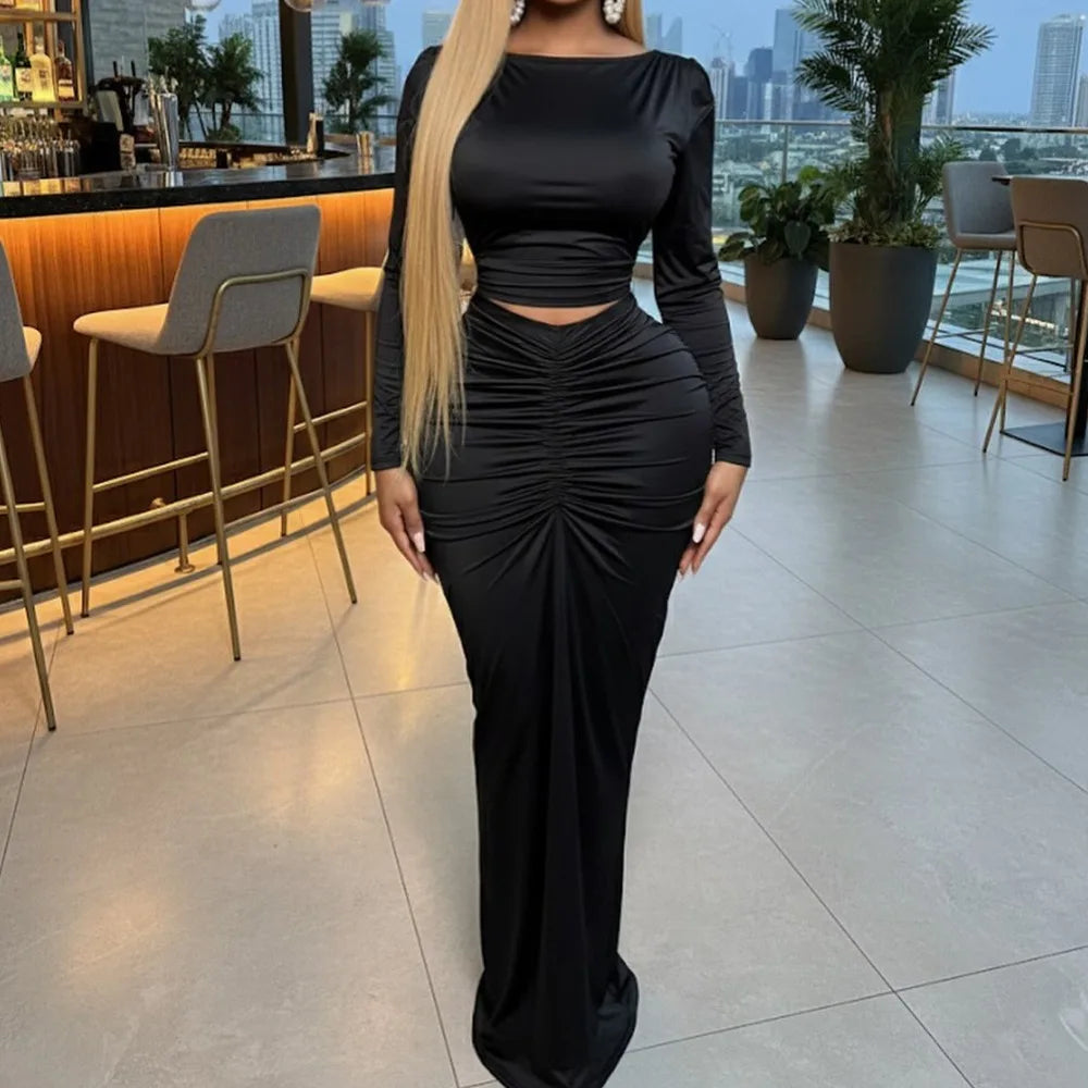 Mohegan Ruched Patchwork Bodycon Solid Color Hollow-out Long Sleeves Dress