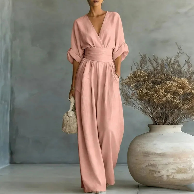 Women's Jumpsuit Fashion High Waist V-neck Casual Jumpsuits Sexy Solid Color Office Wide Leg Trousers Overalls Linen Chic