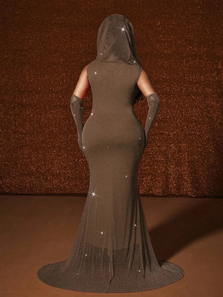 Plus Size Waistband Hot Gold Fish Tail Swing Long Solid Colour Fishtail Slim Dress