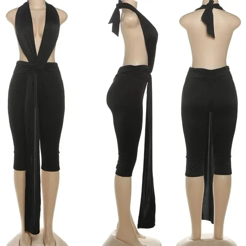 Cornie Lace-up One Piece Outfit Night Out Party Halter Backless Deep V-neck Jumpsuits
