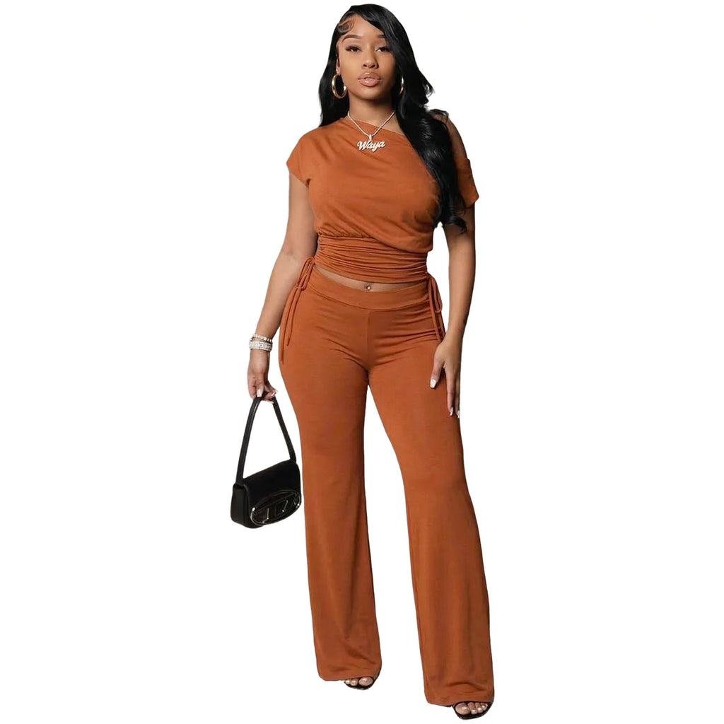 Naomi Pleated Asymmetric Neckline TWo Piece Sets