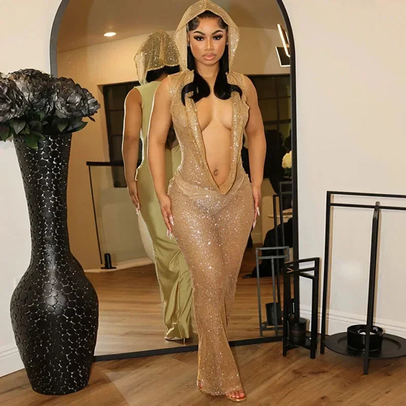 Virginia Deep V-neck Hooded Party Nightclub Prom Mesh Long Maxi Dresses