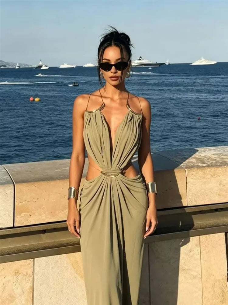 Solid Color Spaghetti Strap Sleeveless Sexy Deep V Cutout Waist Ruched Maxi Gown Dress