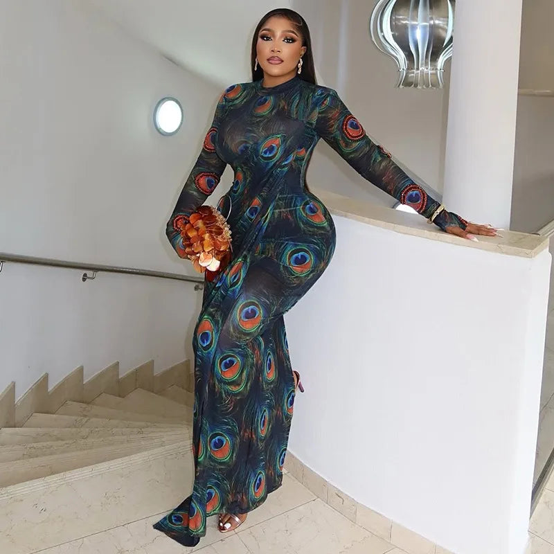 Canada Feathers Print Turtleneck Long Sleeve Hips Wrapped Long Dress