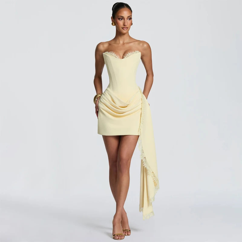 Telaby Lace Trim Patchwork Strapless Ribbon Bodycon Dress