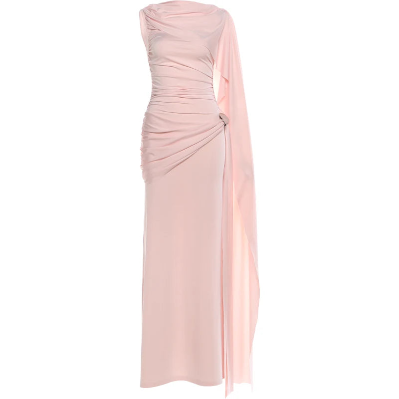 Linden Elegant Ruched O Neck Sleeveless Irregular Ribbon Metal Trim Classic Dress
