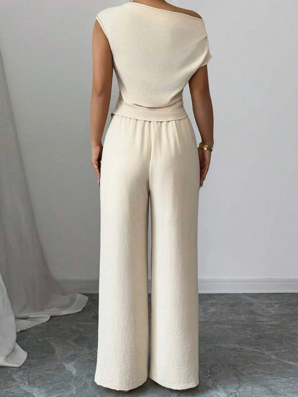 Sandy Elegant Pure Color Ladies Asymmetric Two Piece Sets