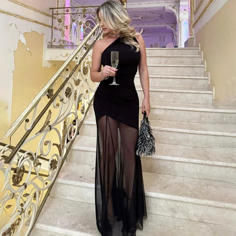 Helmetta Off Shoulder See Through Solid High Waist Patchwork Backless Slim Long Dress