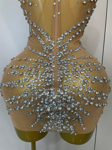 Elmira Rhinestones Sexy Mesh See Through Dress Party Evening Dress