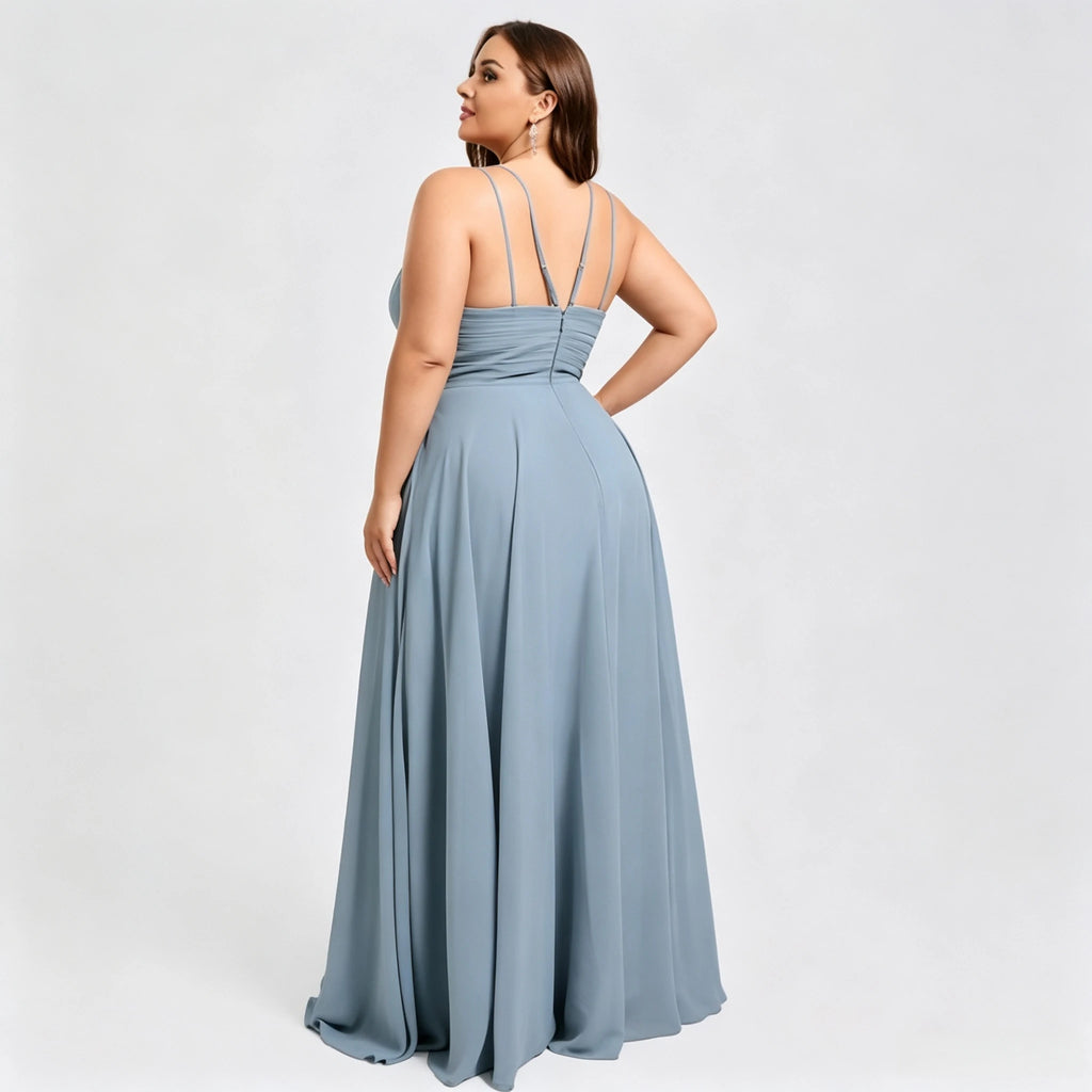 Los Mina Plus Size Halter Chiffon Bridesmaid Spaghetti Straps A Line Maxi Dress
