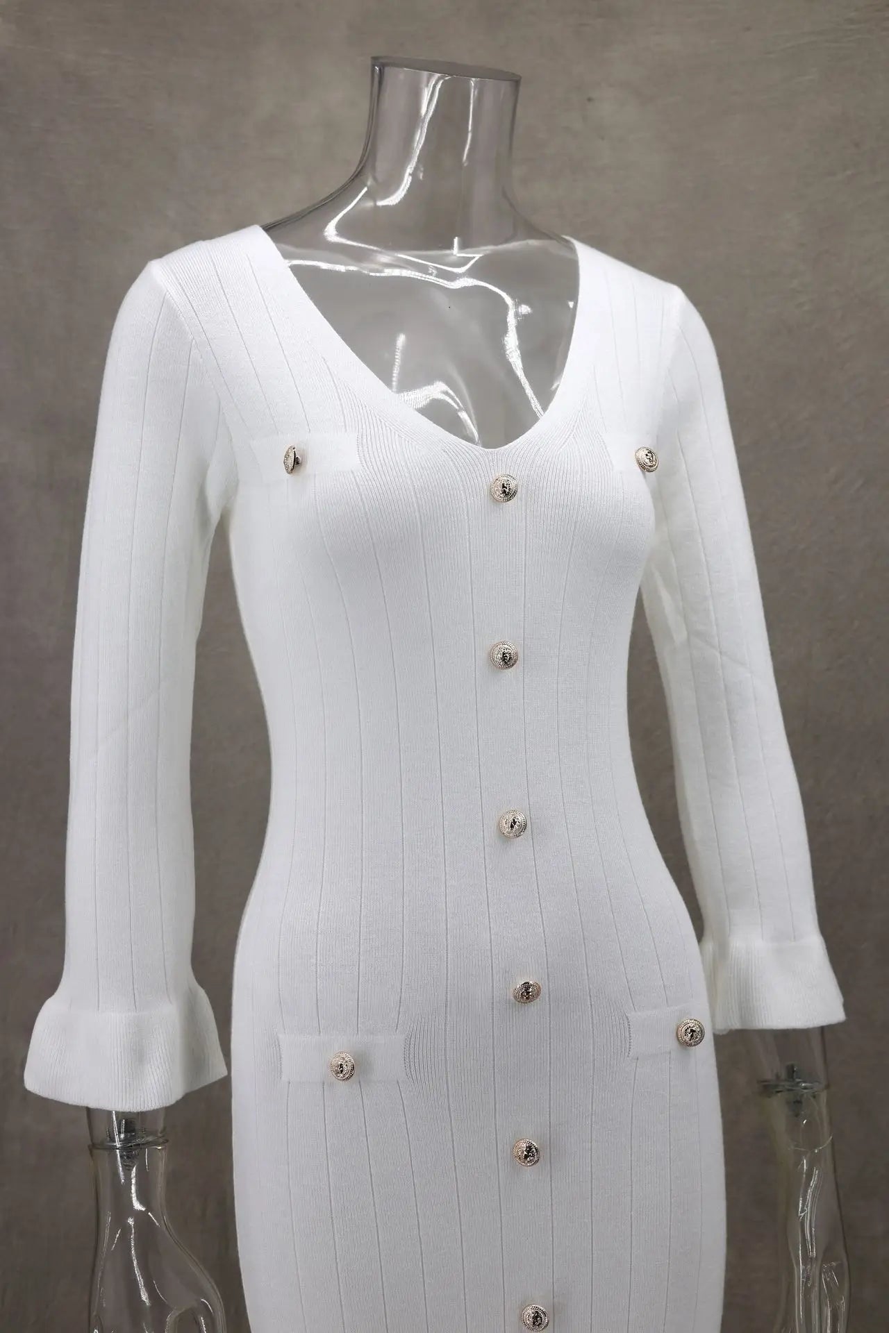 Tennessee Elegant Knitted Fashion V Neck Long Sleeves Slim Buttons Solid Color Long Dress