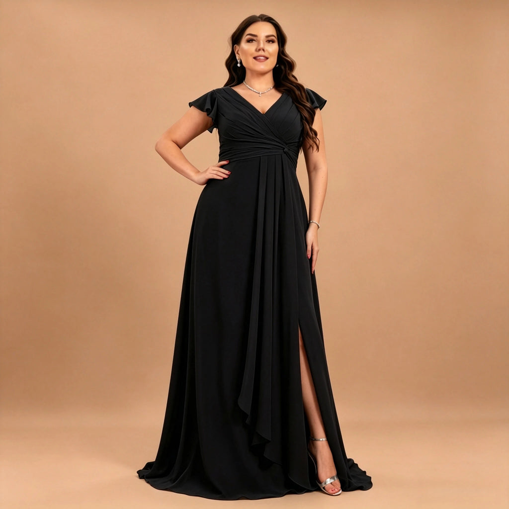 Long Island Plus Size Chiffon Evening Elegant V-Neck Ruffle Sleeve Formal Dress