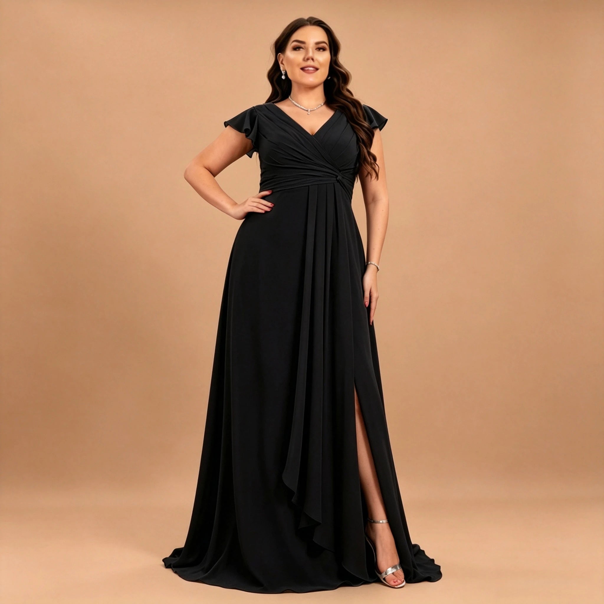 Long Island Plus Size Chiffon Evening Elegant V-Neck Ruffle Sleeve Formal Dress