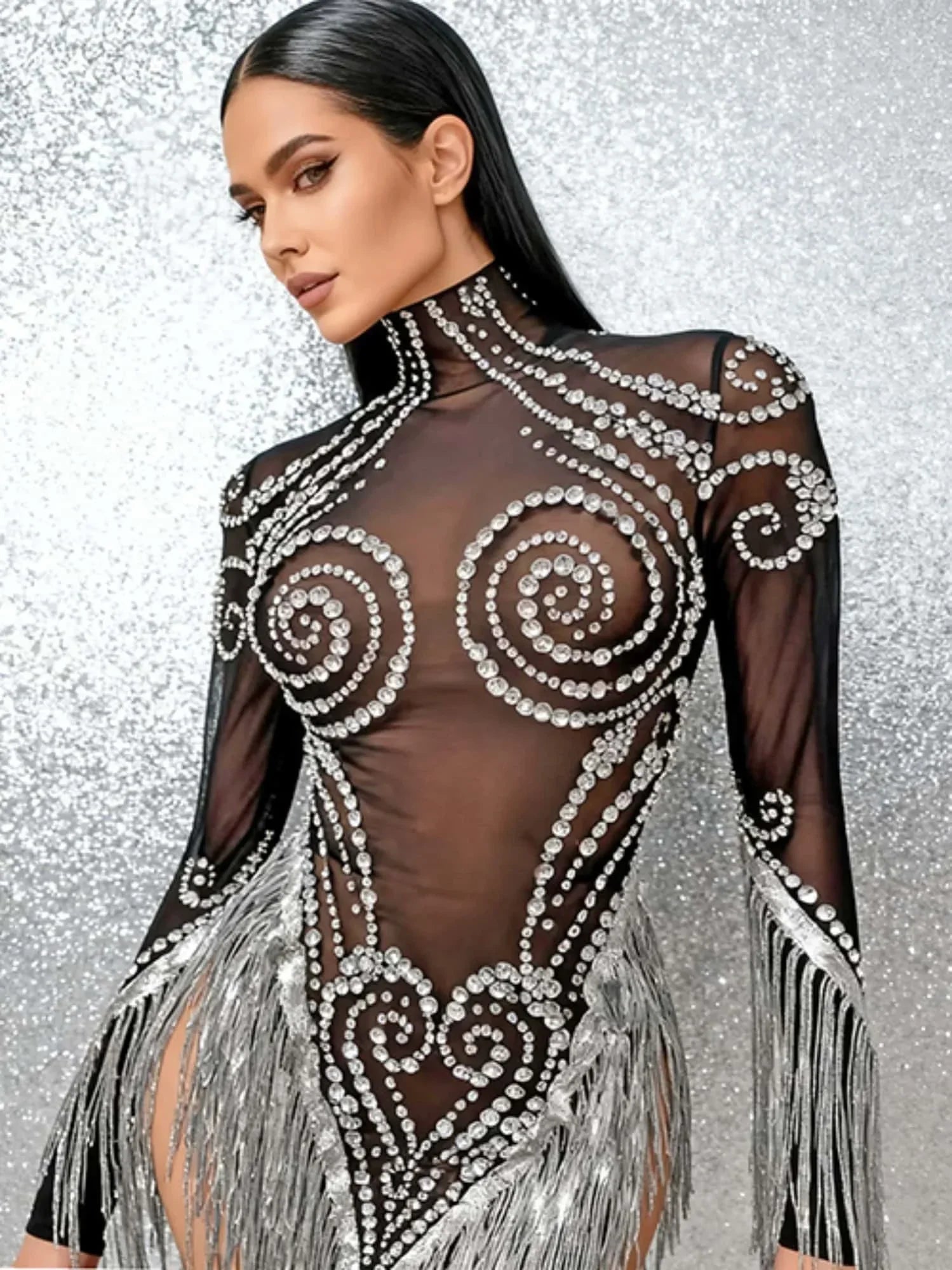 Carbondale Sparkly Rhinestone Tassel See Through Mesh Mini Dress