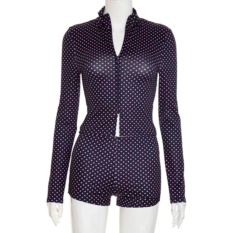 Mattituk Puss Polka Dot Print Women Tracksuit Zip Crop Two Piece Set
