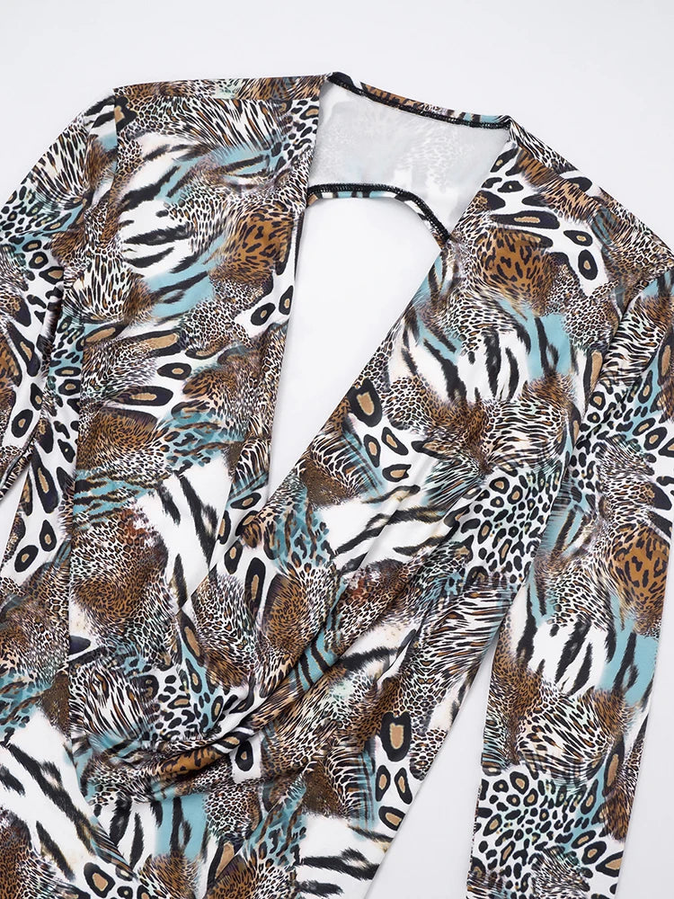 Chinatown Swing Collar Shirring Bell Sleeve Backless Sexy Stretch Leopard Print Suit