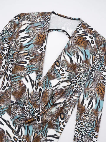Chinatown Swing Collar Shirring Bell Sleeve Backless Sexy Stretch Leopard Print Suit