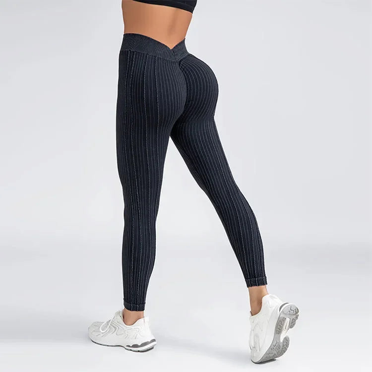 Andober Striped V Back Fashion Gym Outdoor Fitness Athletic Workout Elastic Leggings