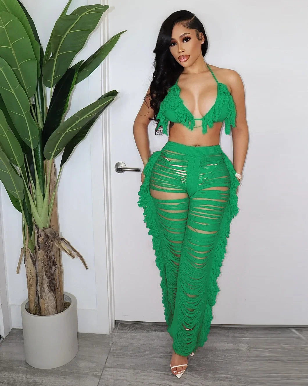 Maya Sexy Beach Tassel Crop Hole Wide Leg Two Piece Sets