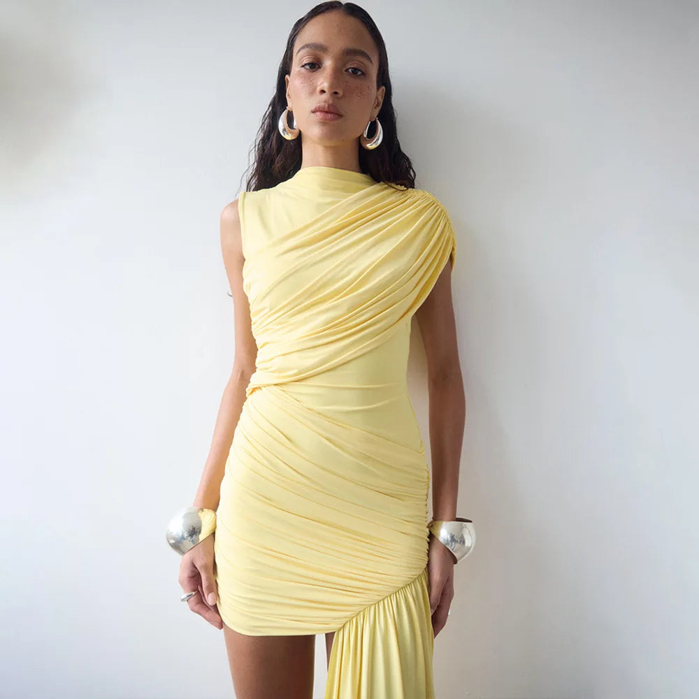 Aspen Knolls Ruched Sexy Solid Color Elegant Turtleneck Sleeveless Asymmetric Dress