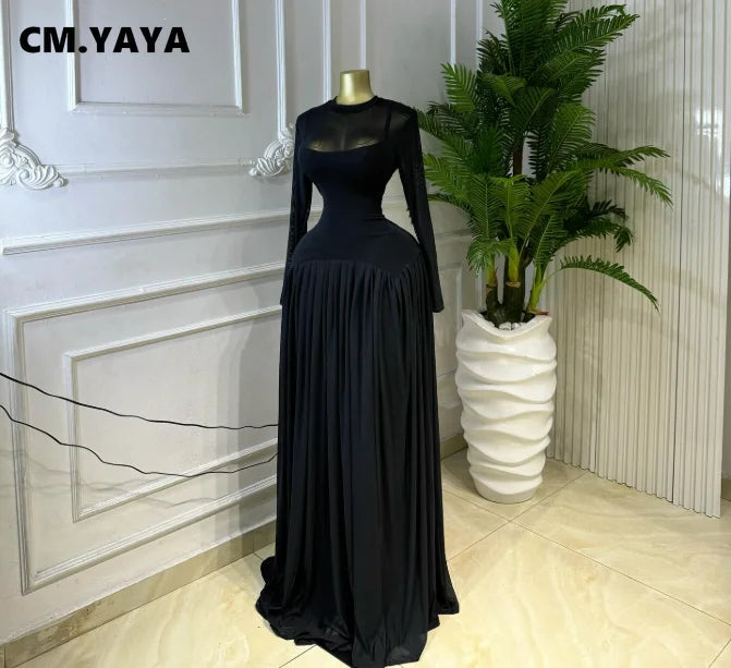 O Neck Mesh Long Sleeve Pleated Sexy Evening Party Long Dress