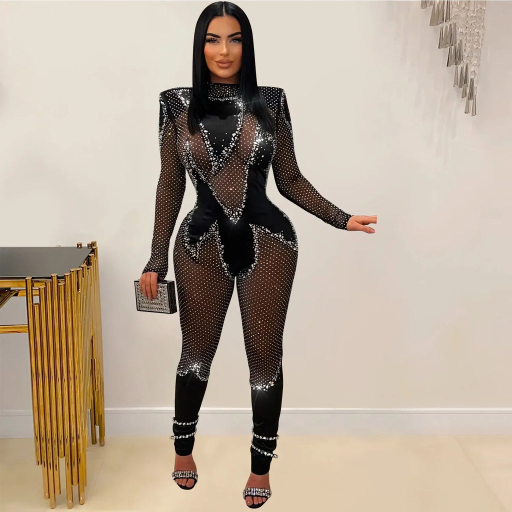 Upper West Sparkly Rhinestone Perform Costume Long Sleeve Sheer Mesh Jumpsuit