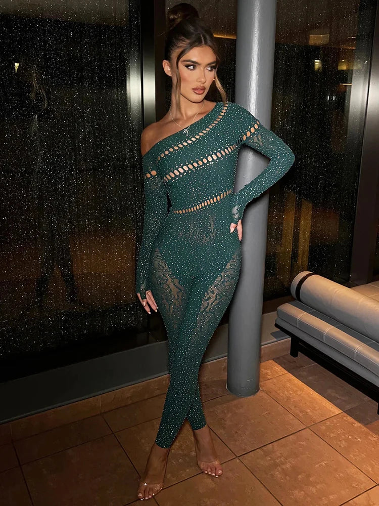 Rye Off Shoulder Long Sleeve Rhinestones High Stretch Hollow Out Sexy Jumpsuits