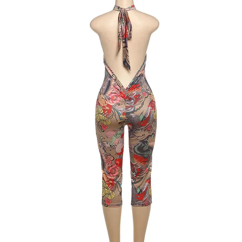 Sunset Park Dots Print Lace Up Halter Backless Skinny Knee Length Jumpsuits