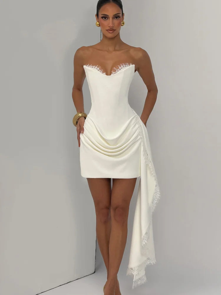 Telaby Lace Trim Patchwork Strapless Ribbon Bodycon Dress