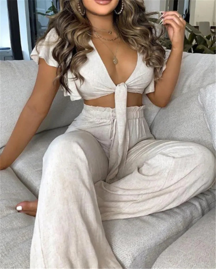 Hilda Belted Low Long Thouser Casual Two Piece Sets