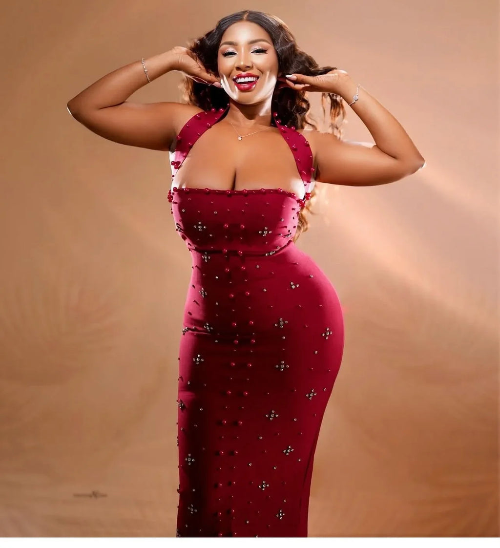Los Angeles Elegant African Party Evening Sleeveless Polyester Rhinestone Maxi Dress