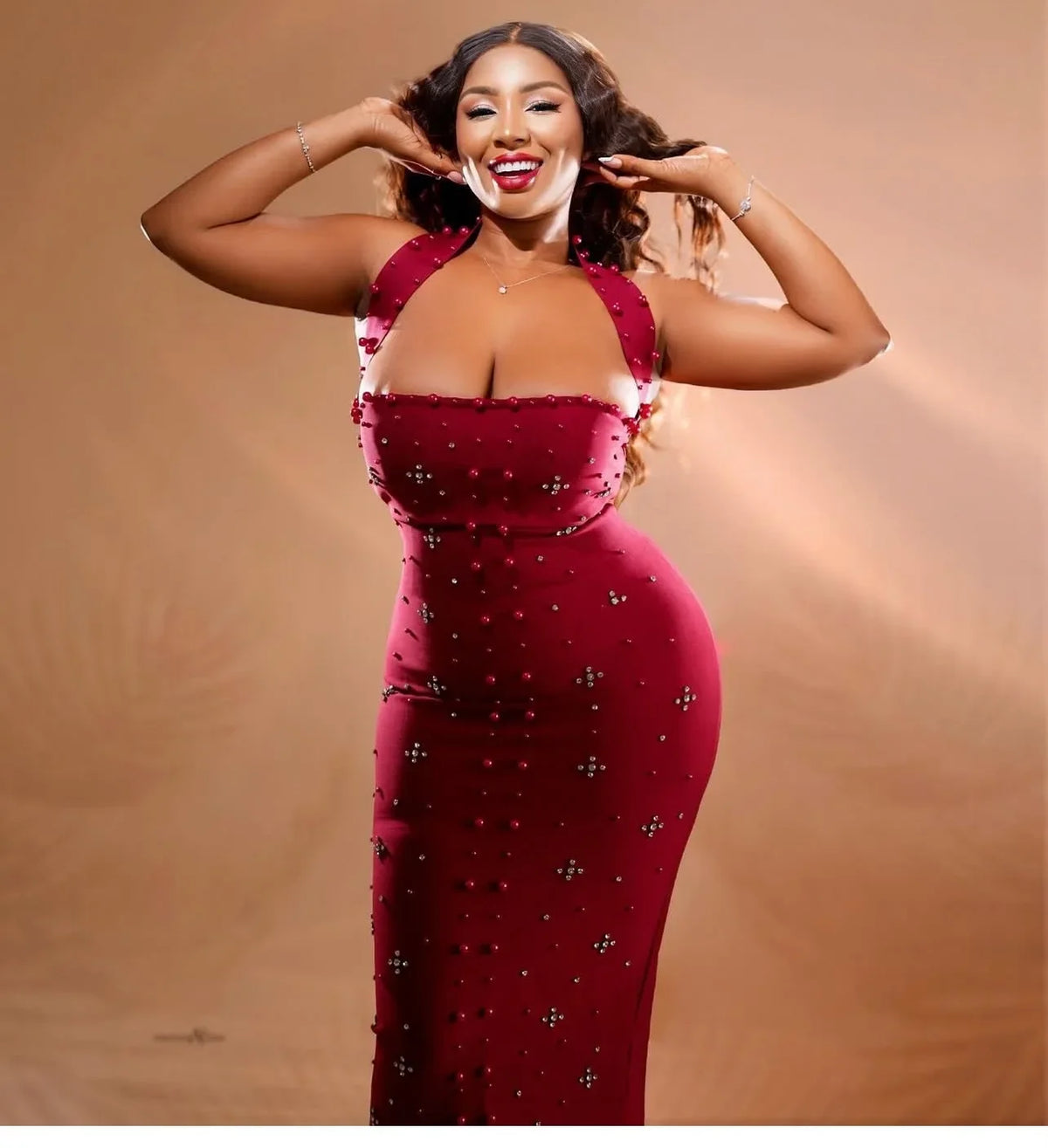 Los Angeles Elegant African Party Evening Sleeveless Polyester Rhinestone Maxi Dress