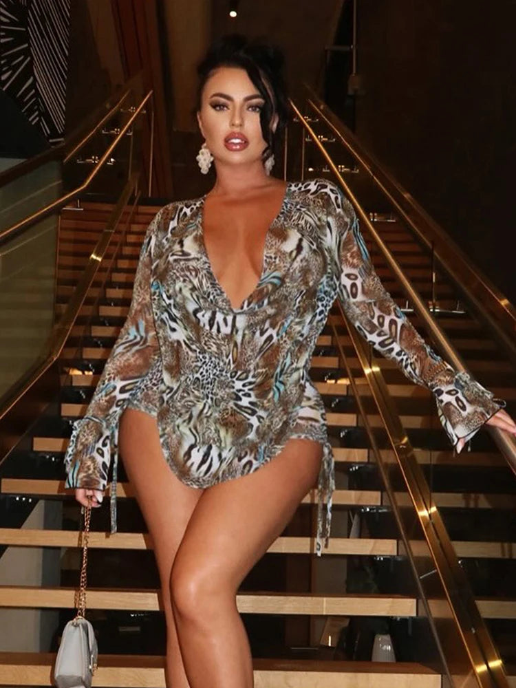 Chinatown Swing Collar Shirring Bell Sleeve Backless Sexy Stretch Leopard Print Suit