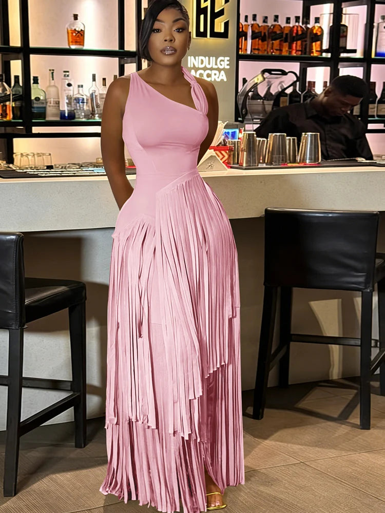 Sexy One Shoulder Red Tassel Dress Luxury Sleeveless Fringe Maxi Dress