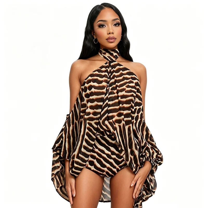 American Style Neck Off Shoulder Printed Two Piece Sets