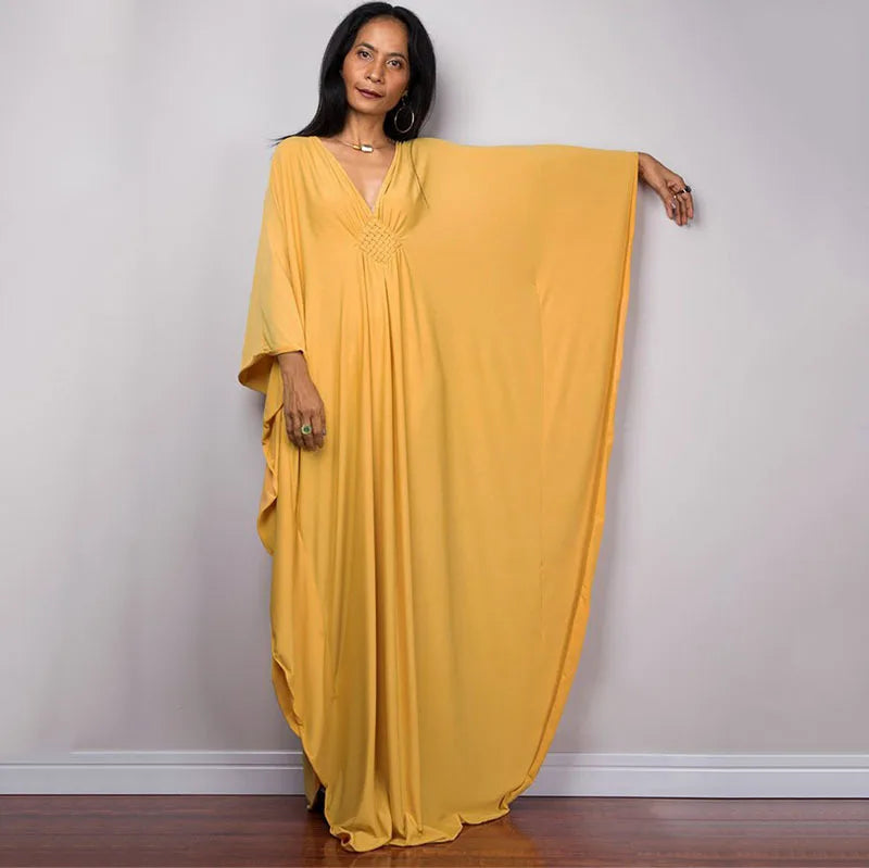 Plaza Plus Size Caftan Solid Color Plus Size Beach V Neck Cover Up Loose Soft Kaftan Dress