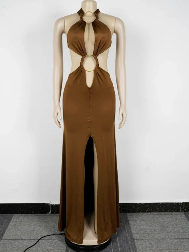 Hoosick Falls Halter V Neck O Rings Long Glam Sexy Backless Ruched Maxi Dress