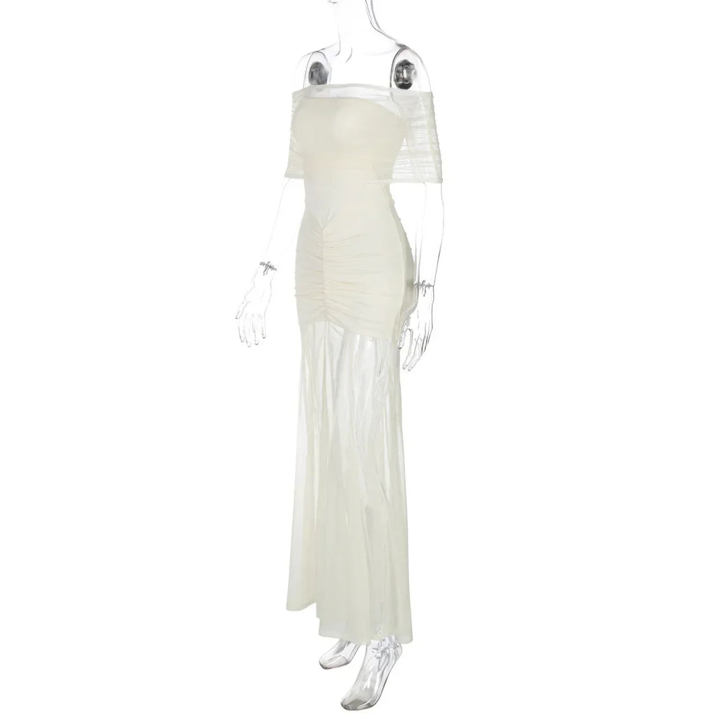 Cowen Off Shoulder Mesh Apricot See Through Ruched Dress