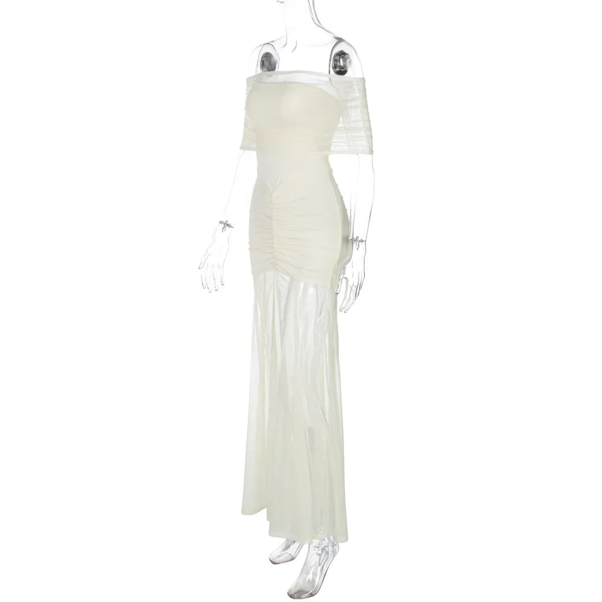 Cowen Off Shoulder Mesh Apricot See Through Ruched Dress
