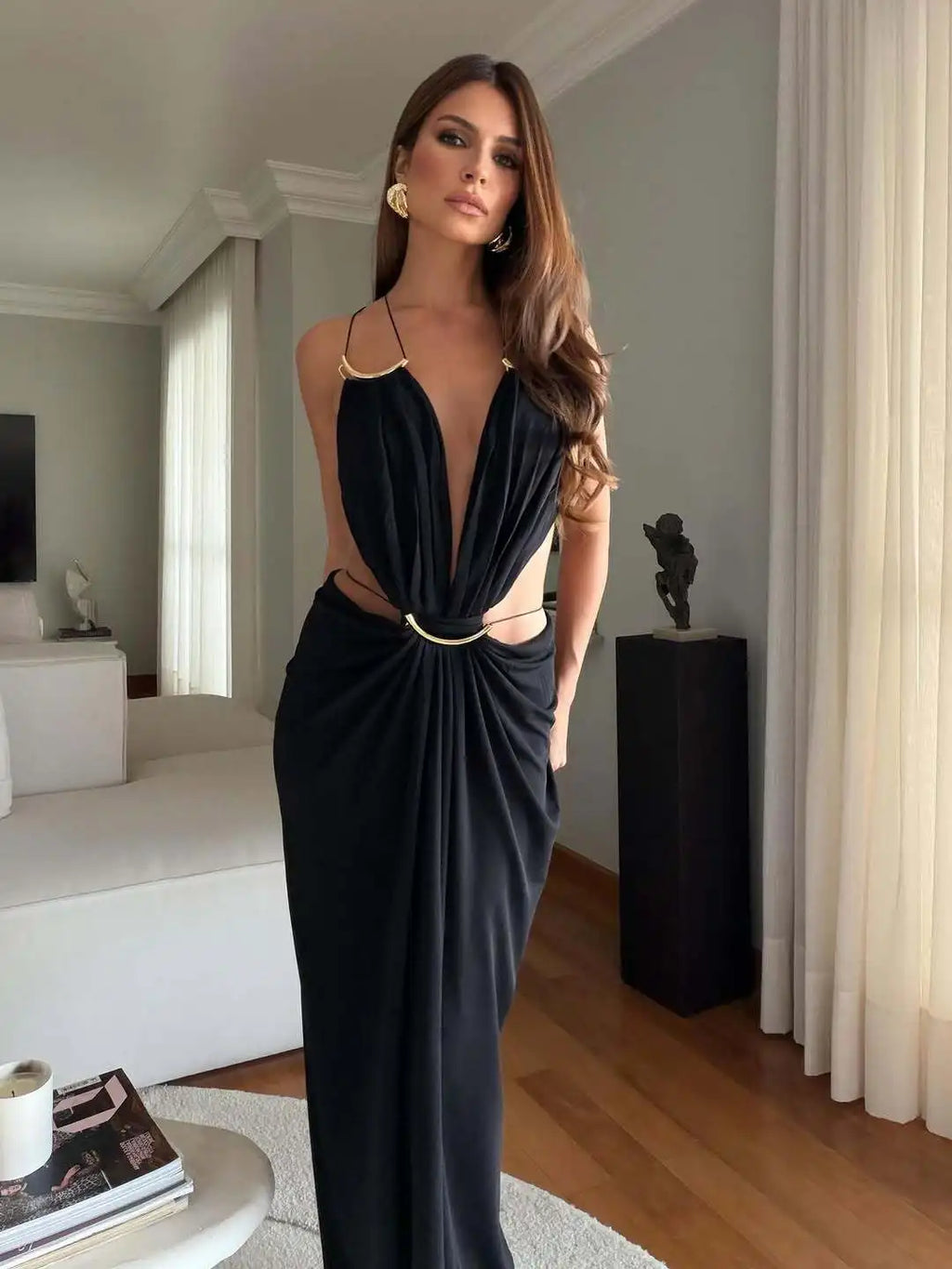 Solid Color Spaghetti Strap Sleeveless Sexy Deep V Cutout Waist Ruched Maxi Gown Dress