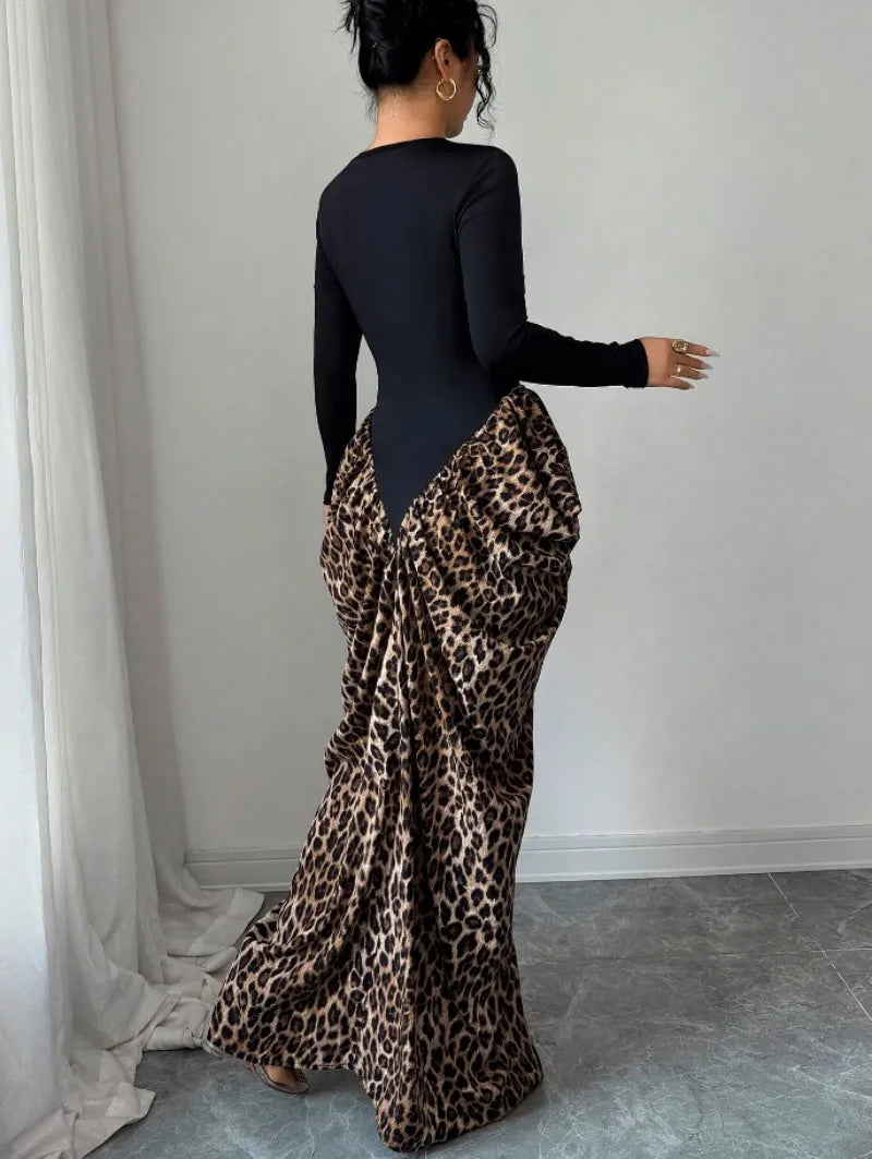 Brasil Plus Size Leopard Print Long Slimming Asymmetrical Floor-Length Dress