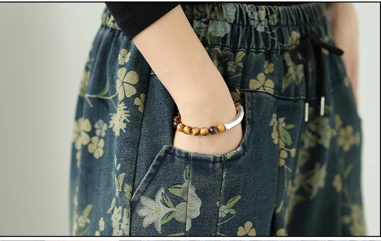 Printed Jeans For Women 2025 Autumn Vintage Extended Elastic Waist