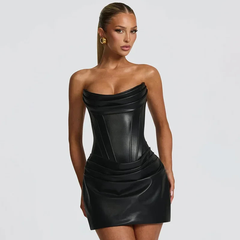 Ronkonkoma PU Pleated Sleeveless Strapless Pleated Party Dress